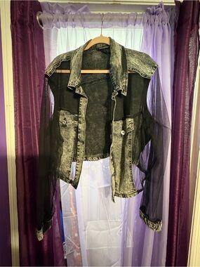 Ashley Stewart Black Acid-Wash Denim Jacket with Sheer Black Mesh Sleeves